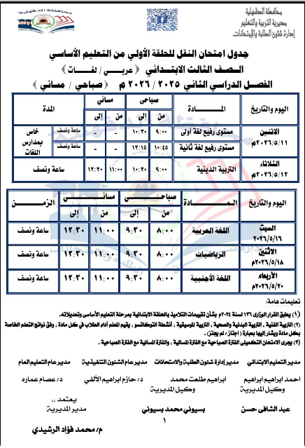 جدول امتحانات الدقهيلة ابتدائي
